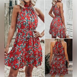 💌❣️NWOT | BTFBM | Red Floral Boho Halter Mini Dress W/ Tie Sz L